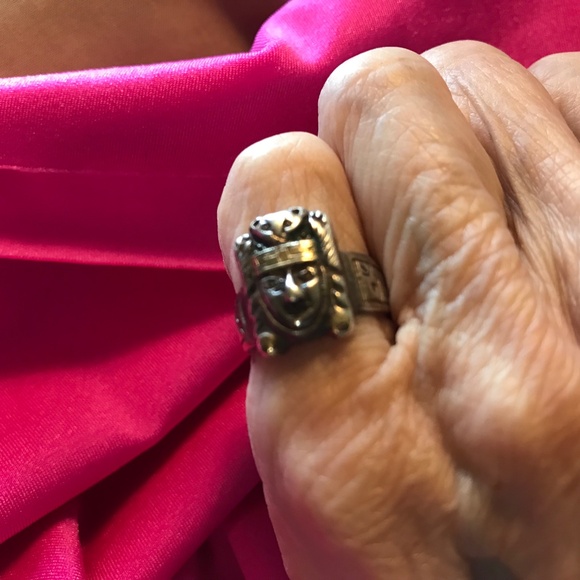 Rare Aztec Jaguar Warrior 925 Silver 18K Gold leaf Ring Size 4.5 - Picture 7 of 7